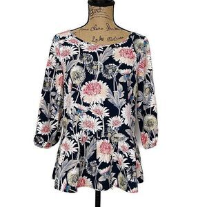 💥5/$25 Lauren Conrad Womens S Top Blue Pink Floral 3/4 Slv Peplum Round Neck